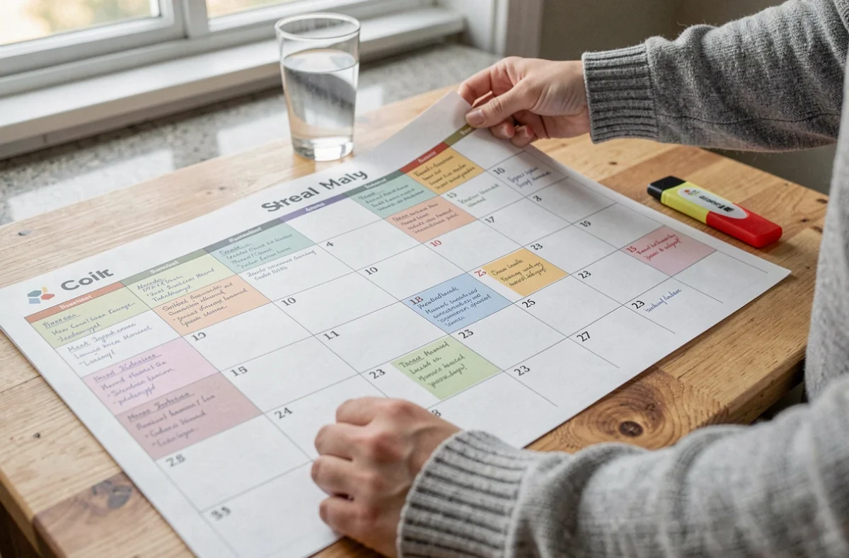 Mains tenant un grand calendrier mural mensuel imprimé avec des rendez-vous et des repas planifiés sur une table de cuisine