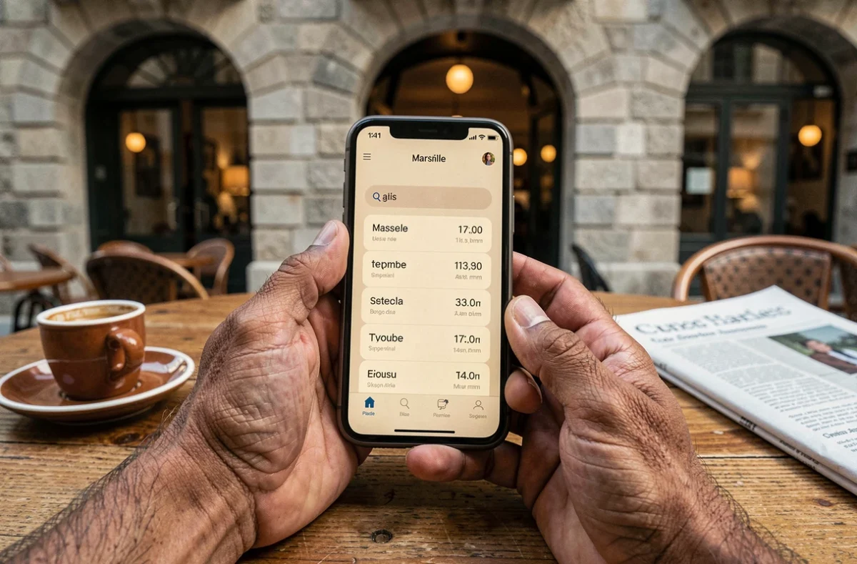 Mains tenant un smartphone avec l'application horaires de prière à Marseille dans un café