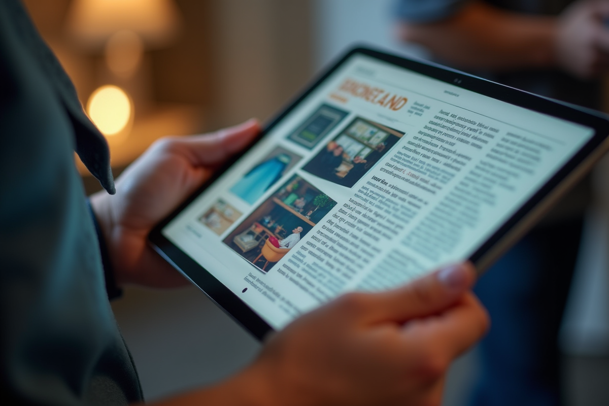 Mains tenant une tablette affichant une couverture de magazine colorée