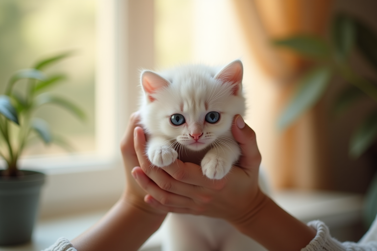 Main tenant un chaton blanc près de la fenêtre en intérieur
