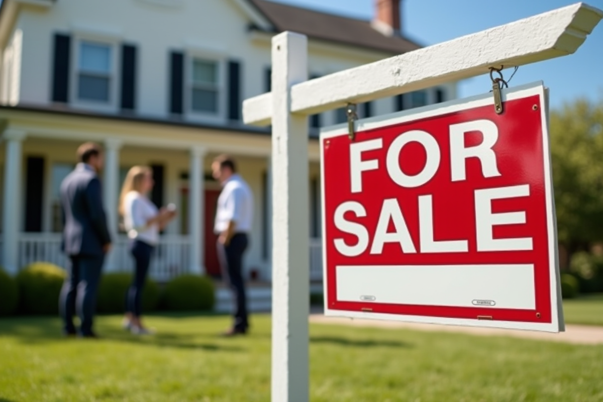 Pancarte a vendre devant une belle maison ensoleillee
