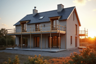 Maison moderne en construction en Bretagne sous lumière douce