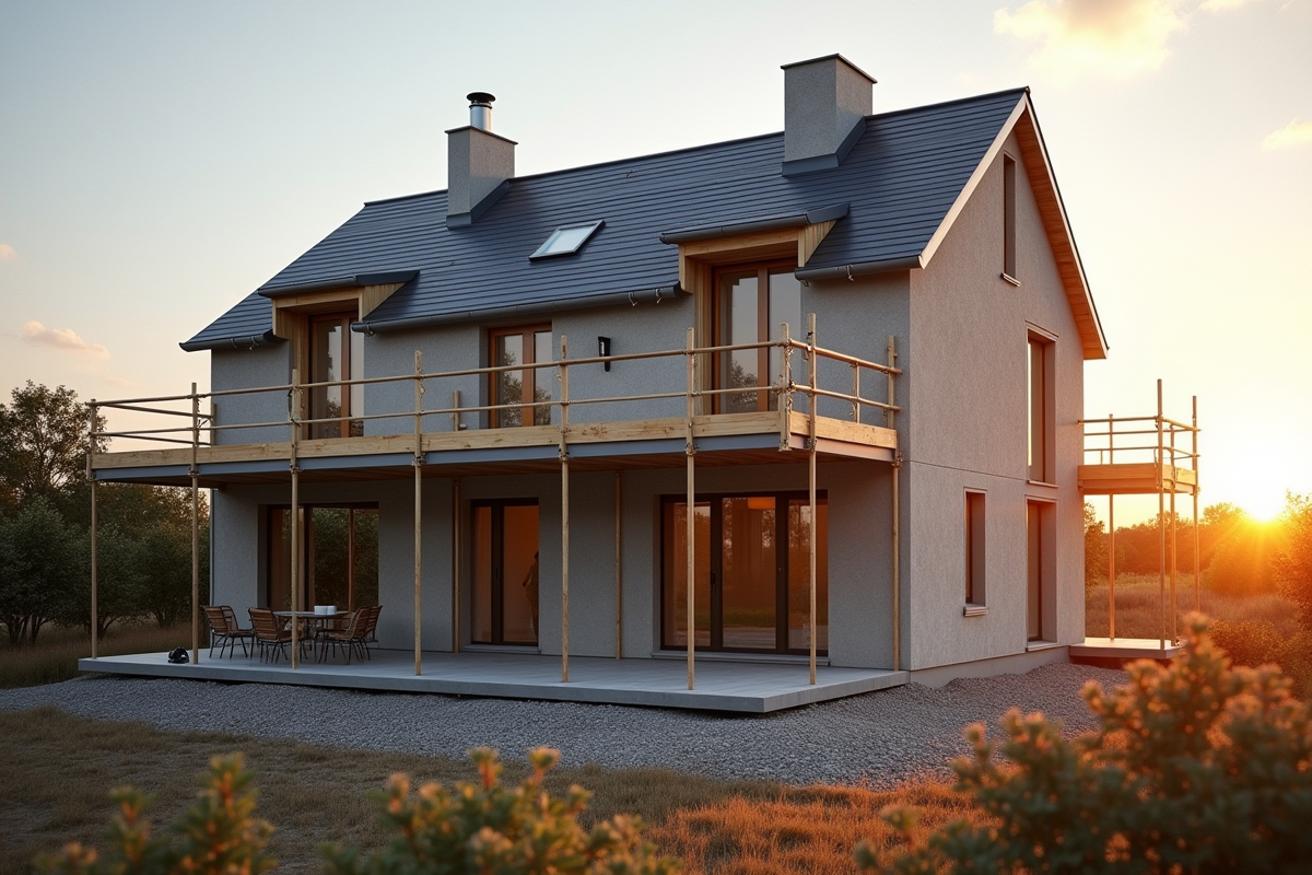 Maison moderne en construction en Bretagne sous lumière douce