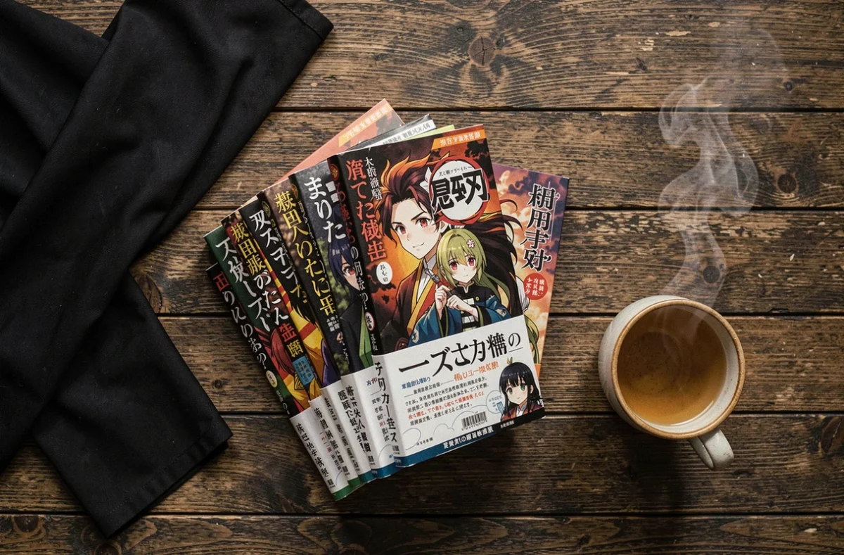 Collection de mangas Demon Slayer en version française posée sur une table en bois avec une tasse de thé japonaise