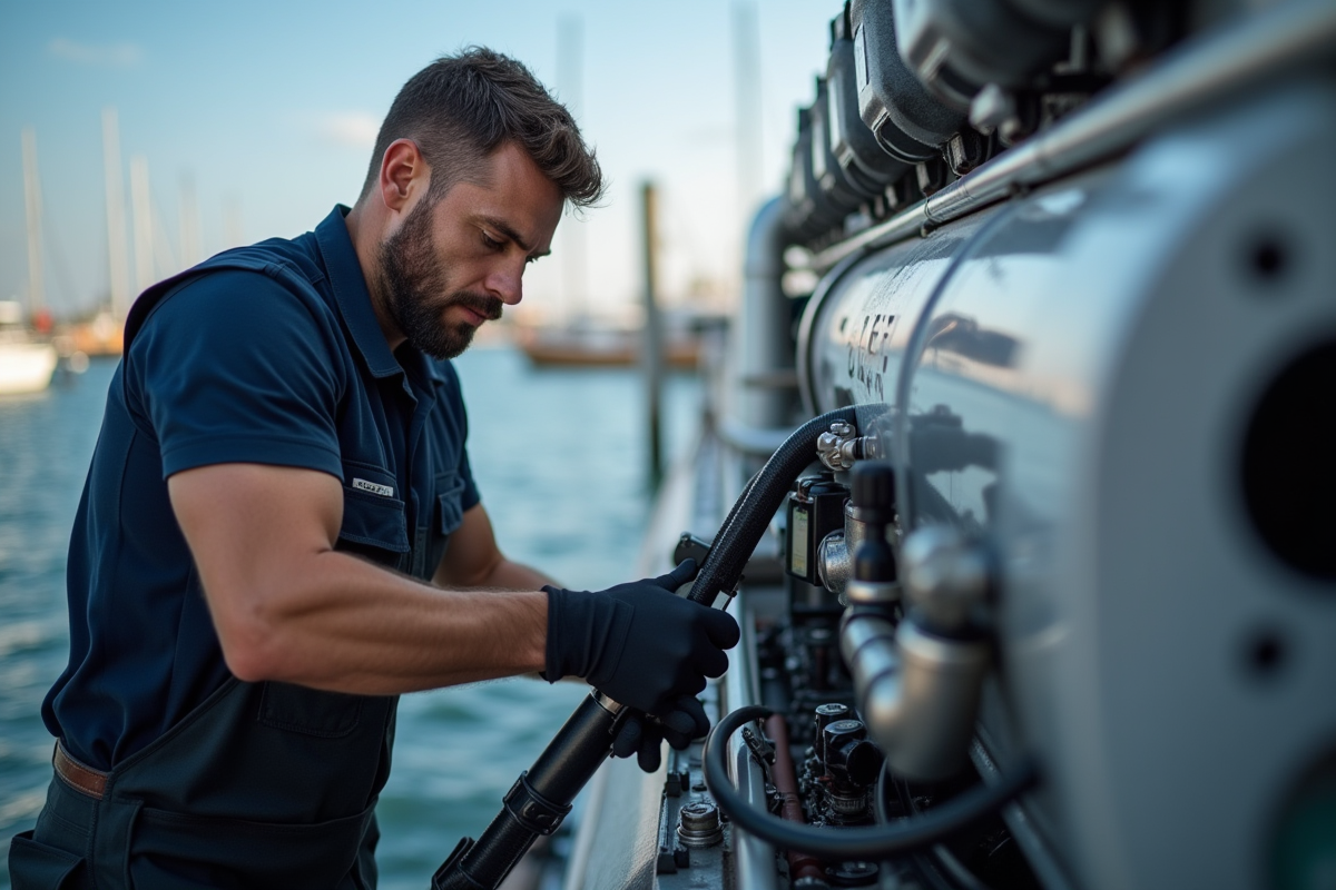 Mécanicien de yacht travaillant sur le moteur au marina