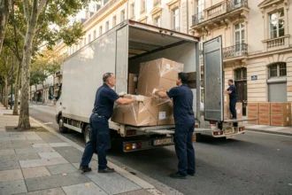Équipe de déménageurs professionnels chargeant un camion dans une rue résidentielle de Villeurbanne