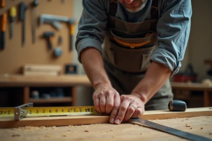 Homme mesurant un bois avec un ruban dans un atelier