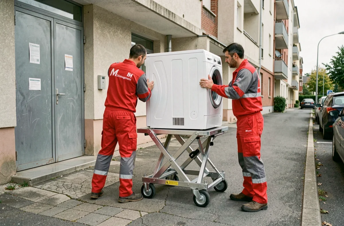 Deux déménageurs MH Déménagement manœuvrant un diable hydraulique chargé d'appareils électroménagers
