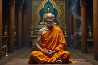 Moine bouddhiste thaïlandais âgé en robe safran assis en méditation dans un temple orné de Thaïlande