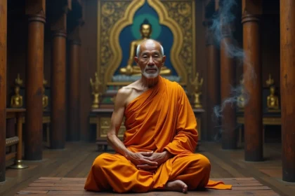 Moine bouddhiste thaïlandais âgé en robe safran assis en méditation dans un temple orné de Thaïlande