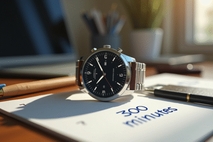 Montre-bracelet moderne en argent sur un bureau en bois avec stylo et carnet