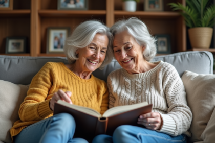 Femme et sa mère sourient en regardant un album photo