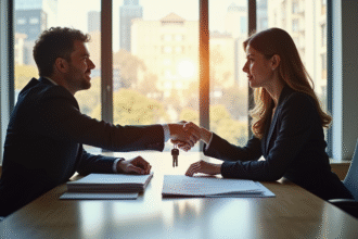 Femme d'affaires et notaire se serrant la main hésitants