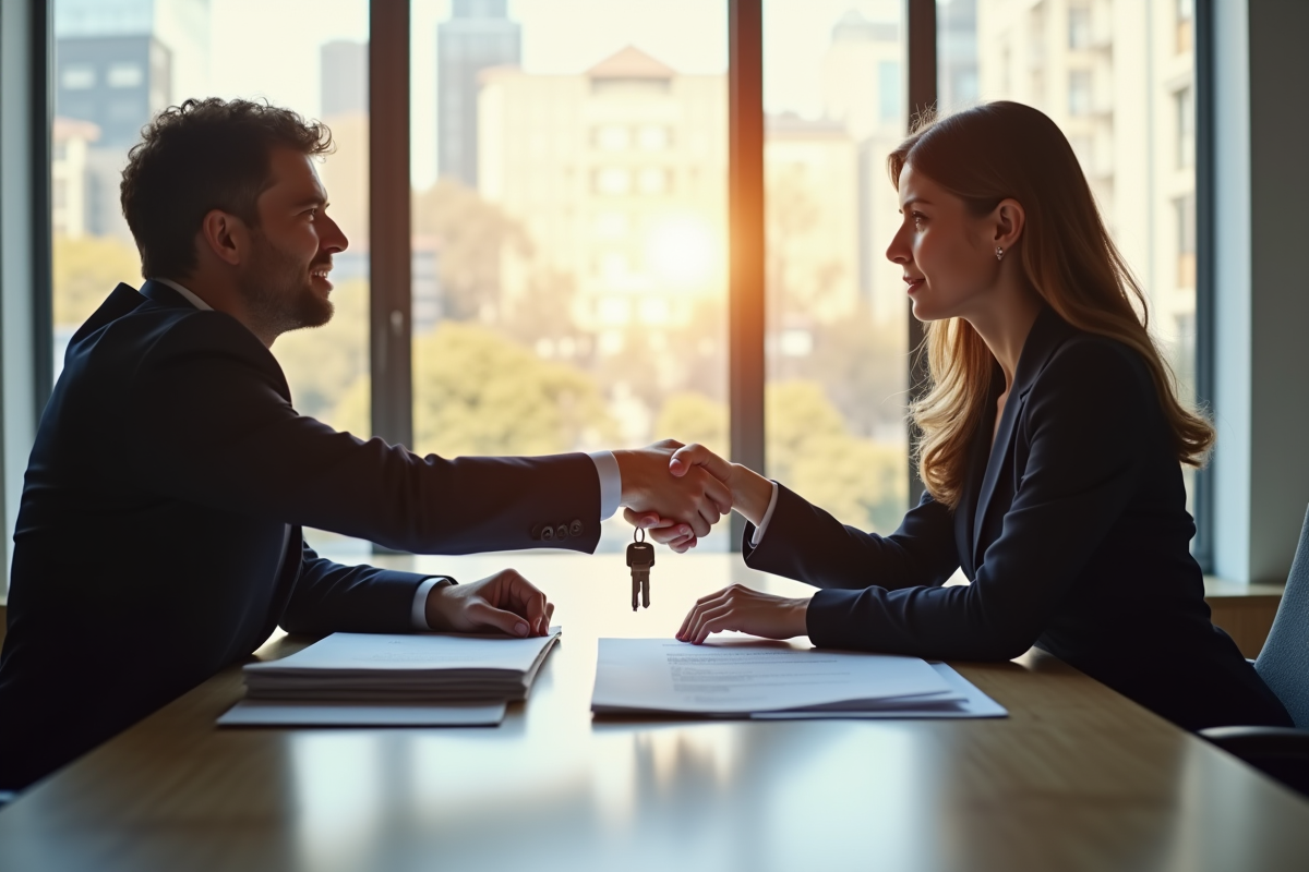 Femme d'affaires et notaire se serrant la main hésitants