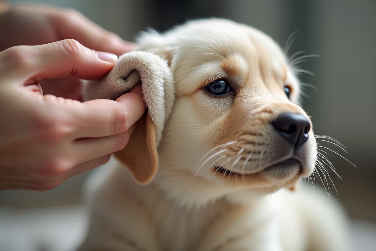 Main douce nettoyant l oreille d un chiot labrador