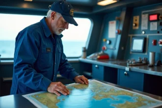 Océanographe en salle de contrôle à étudier une carte bathymétrique