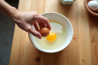 Main posant un œuf en bois dans un bol d'eau en cuisine