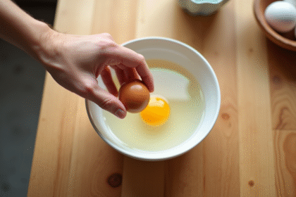 Main posant un œuf en bois dans un bol d'eau en cuisine