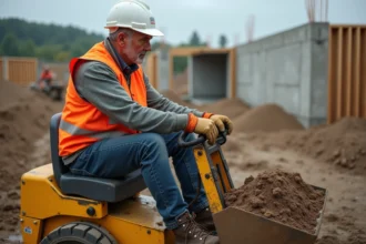 Ouvrier de chantier en gilet haute visibilité opérant un mini dumper sur un chantier de construction avec fondations en béton en arrière-plan