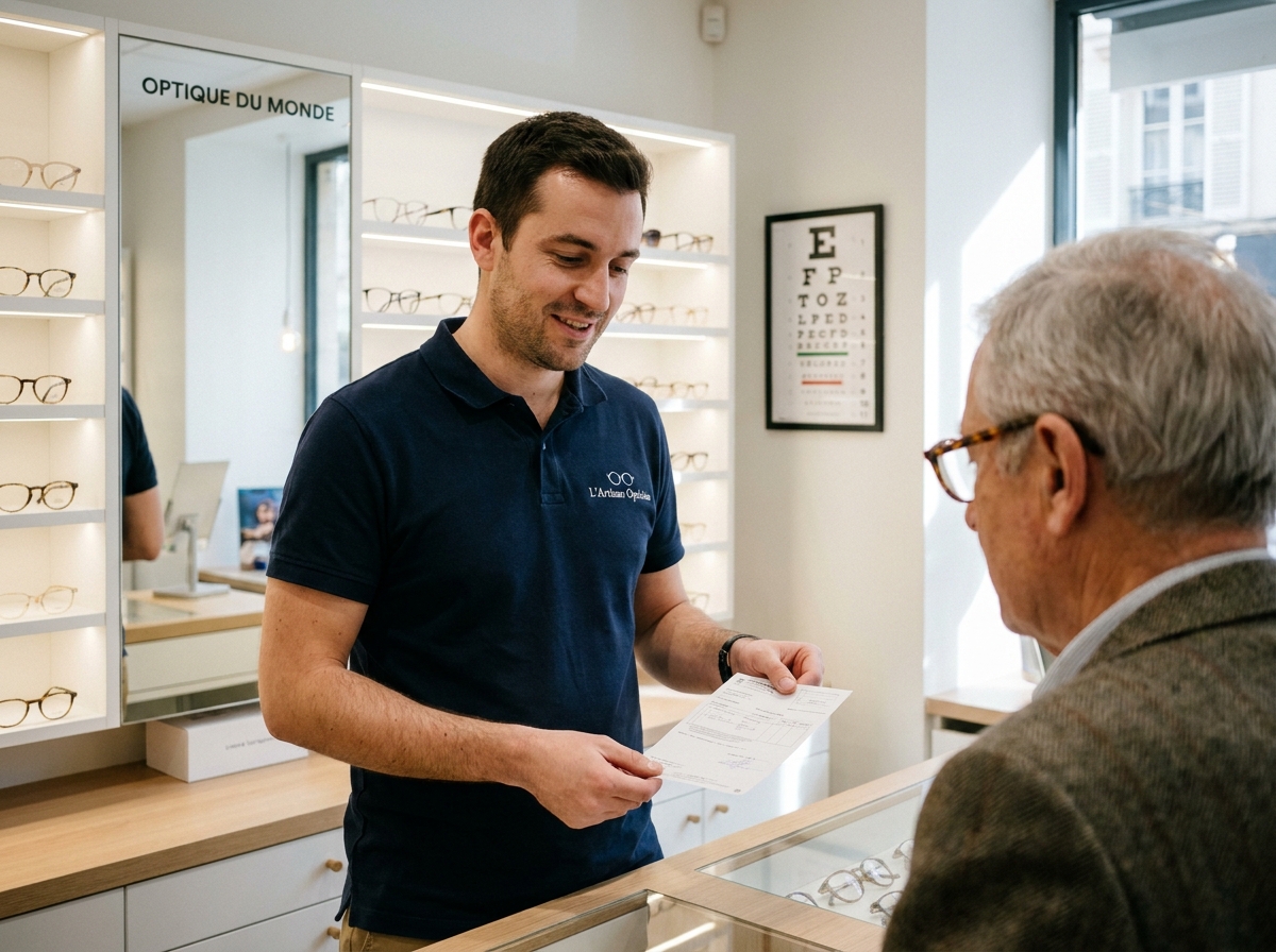 Opticien conseillant un senior pour le renouvellement de ses lunettes dans une boutique d'optique en Ille-et-Vilaine