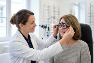 Opticienne réalisant un bilan visuel de renouvellement d'ordonnance pour une patiente dans un cabinet d'optique moderne en Ille-et-Vilaine