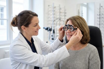 Opticienne réalisant un bilan visuel de renouvellement d'ordonnance pour une patiente dans un cabinet d'optique moderne en Ille-et-Vilaine