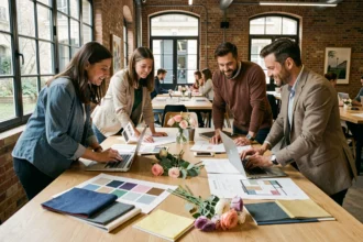 Équipe d'organisateurs d'événements en Nouvelle-Aquitaine autour d'une table de travail avec planches d'ambiance et échantillons