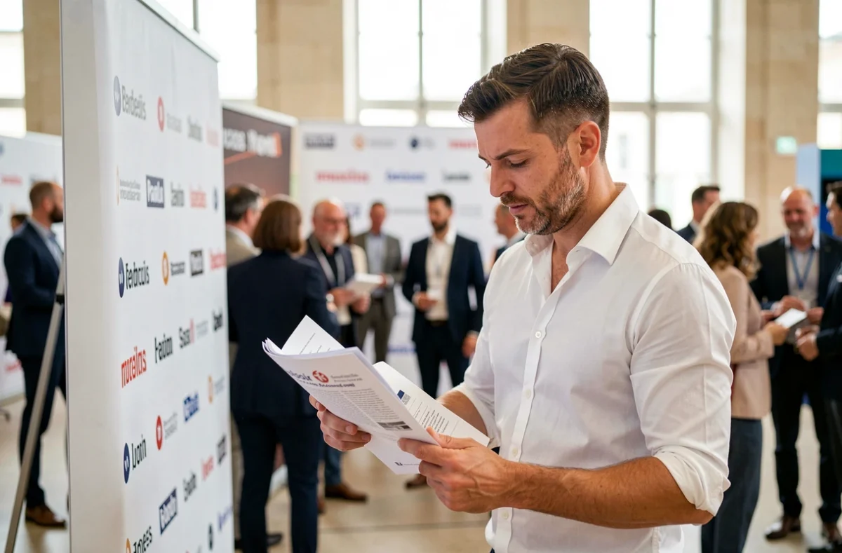 Professionnel des relations presse de l'agence Oxygen RP supervisant un stand de communication lors d'un événement à Bordeaux