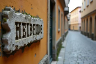 Panneau de rue en pierre avec lettres cyrilliques dans une ruelle pavée d'une ville serbe