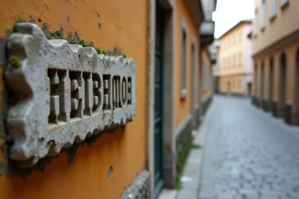 Panneau de rue en pierre avec lettres cyrilliques dans une ruelle pavée d'une ville serbe