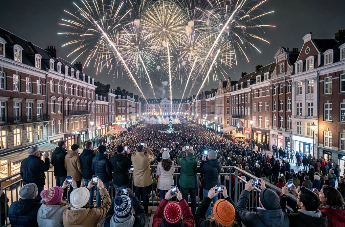 Vue panoramique d'une place de Lille remplie de fêtards lors du feu d'artifice du Nouvel An 2026