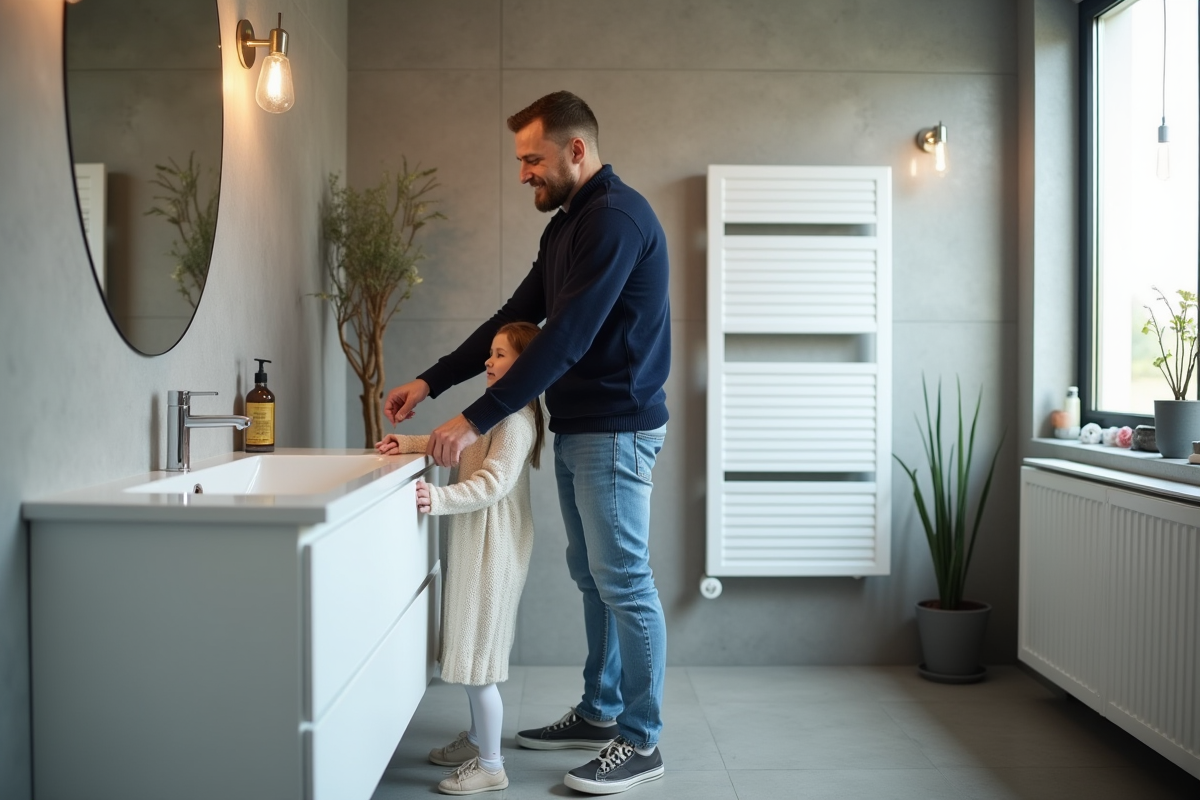 Père aidant sa fille à se sécher les mains près du radiateur