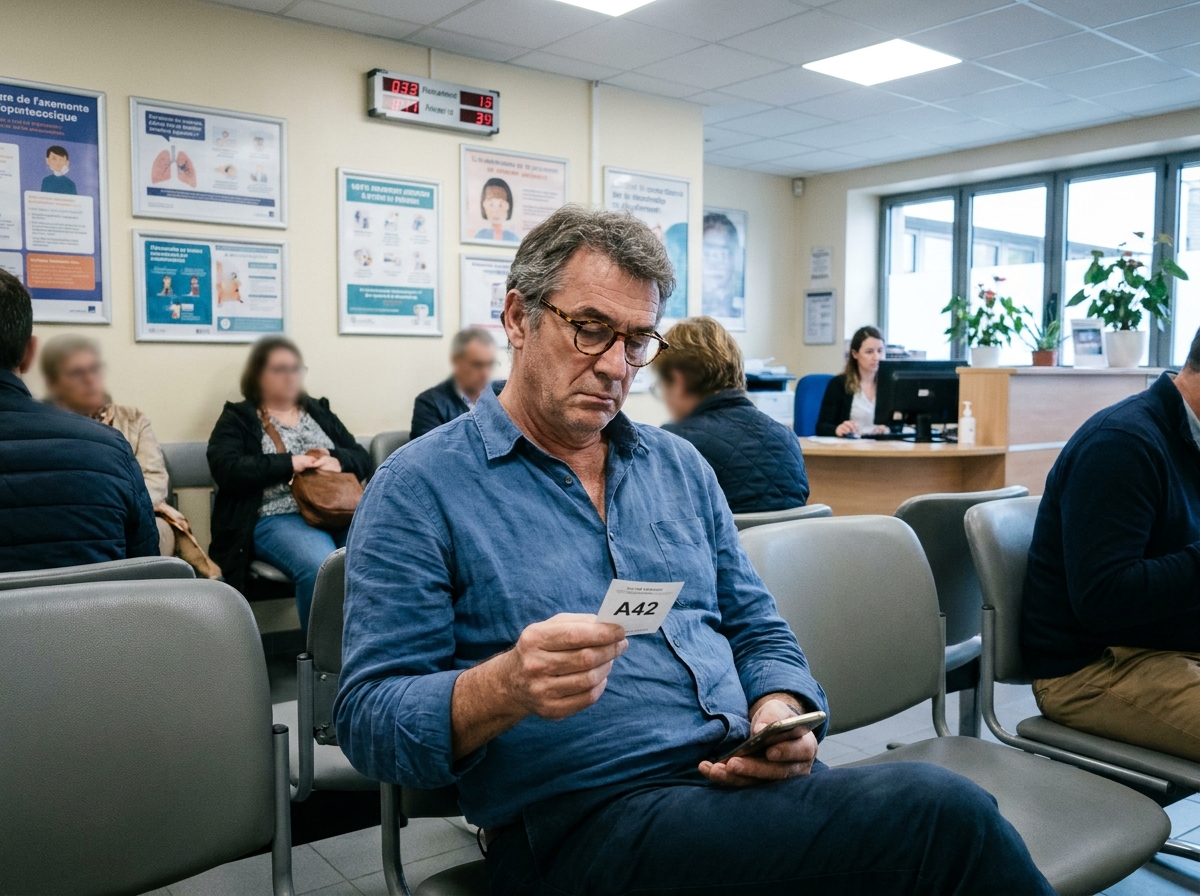 Patient attendant un rendez-vous chez l'ophtalmologue dans une salle d'attente d'un cabinet médical en Bretagne