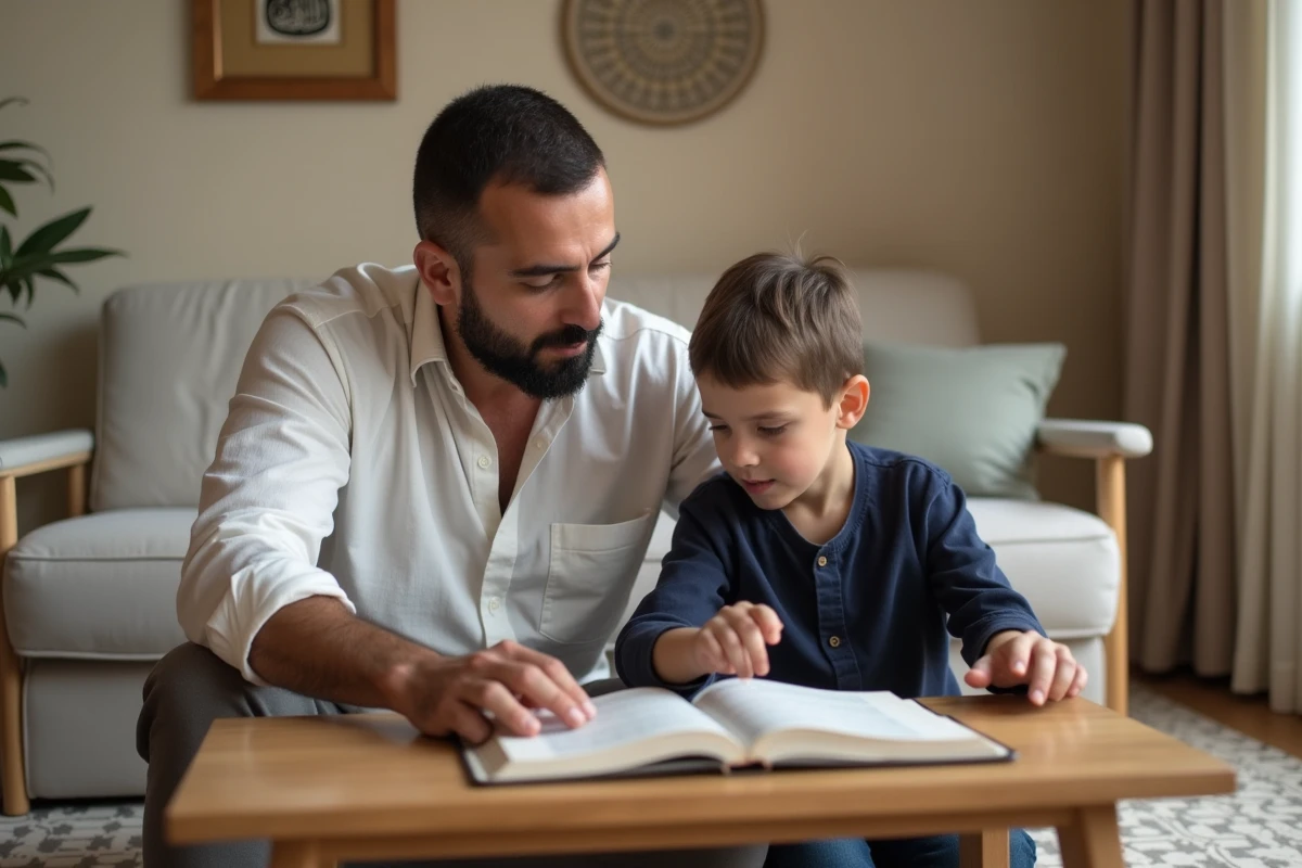 Père enseignant les versets du Coran à son fils autour d'un livre ouvert