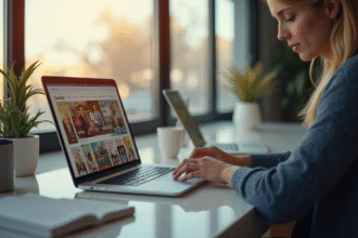 Personne assise à un bureau moderne lisant des magazines numériques