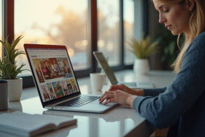 Personne assise à un bureau moderne lisant des magazines numériques