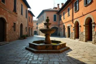 Place historique d'une petite ville italienne en 5 lettres avec fontaine en pierre et façades ocre typiques