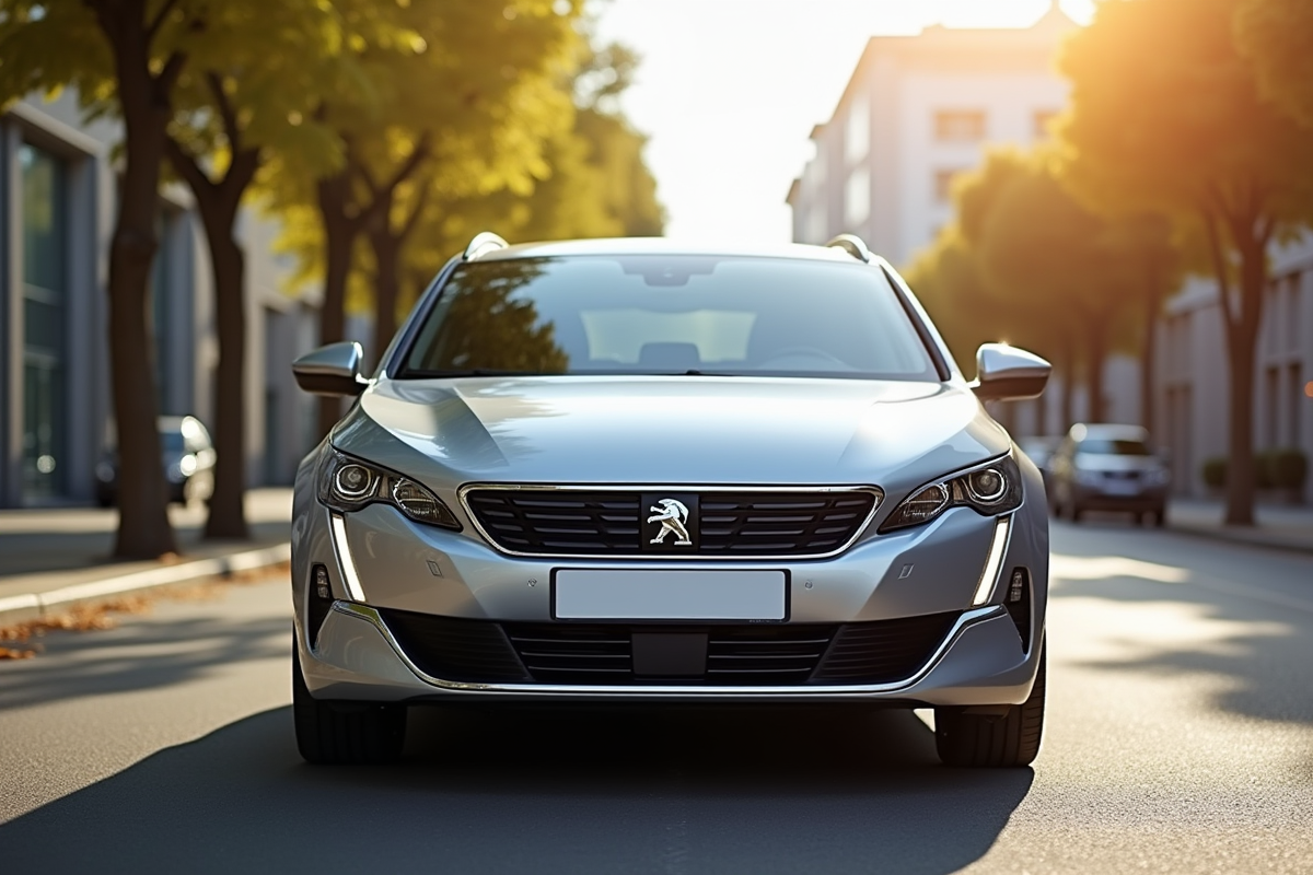 Peugeot 508 SW argentée sur une rue urbaine ensoleillée
