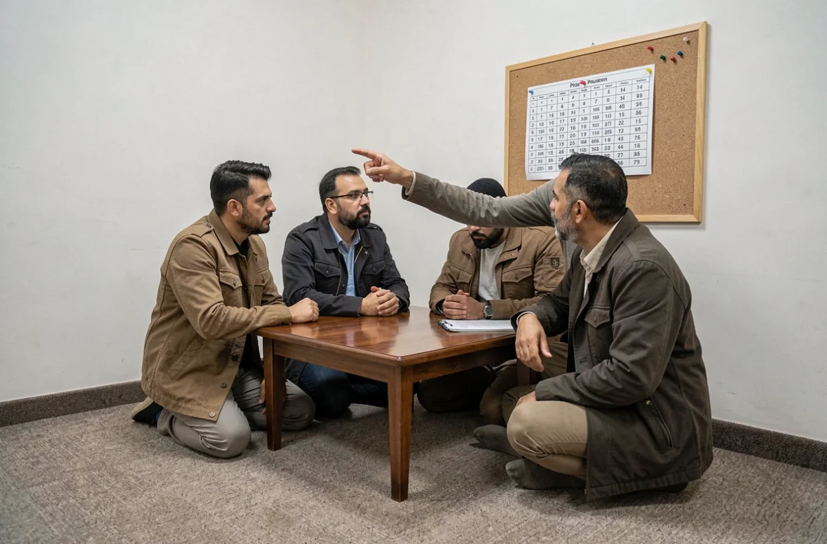 Groupe d'hommes consultant le planning des prières dans une salle de prière communautaire