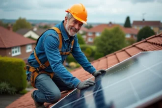 Homme en sécurité sur le toit posant un panneau solaire