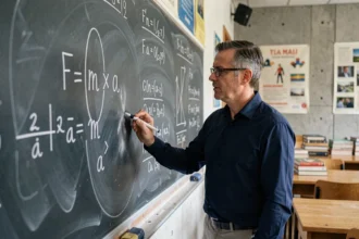 Professeur de physique écrivant la formule F = m × a au tableau noir dans une salle de cours universitaire