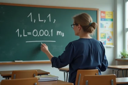 Professeure écrivant la formule de conversion litres en mètres cubes au tableau dans une salle de classe