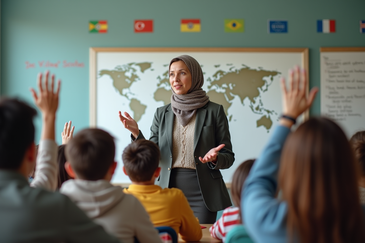 Professeure accueillante avec élèves divers en classe