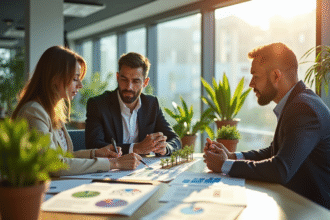 Trois professionnels discutent d investissements durables dans un bureau moderne