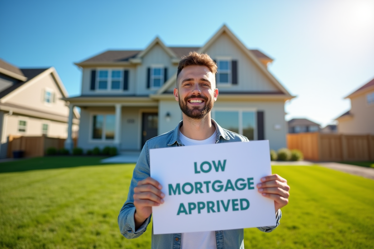Propriétaire souriant devant sa nouvelle maison avec panneau