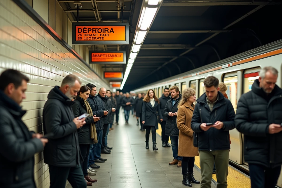 Voyageurs sur un quai de métro RATP avec signalétique typique d'une station parisienne