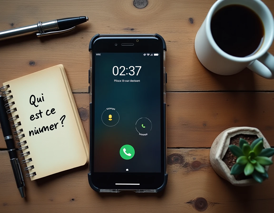 Vue de dessus d'un smartphone affichant un numéro inconnu posé sur un bureau avec un carnet de notes