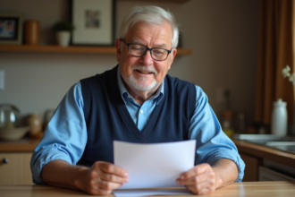 Homme retraité lisant une lettre de pension dans sa cuisine