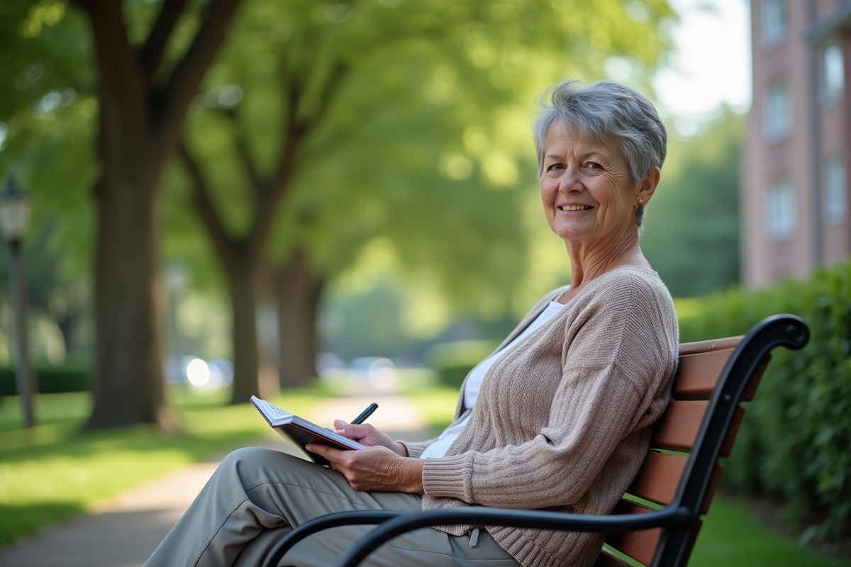 Femme retraitée assise sur un banc dans un parc avec un carnet