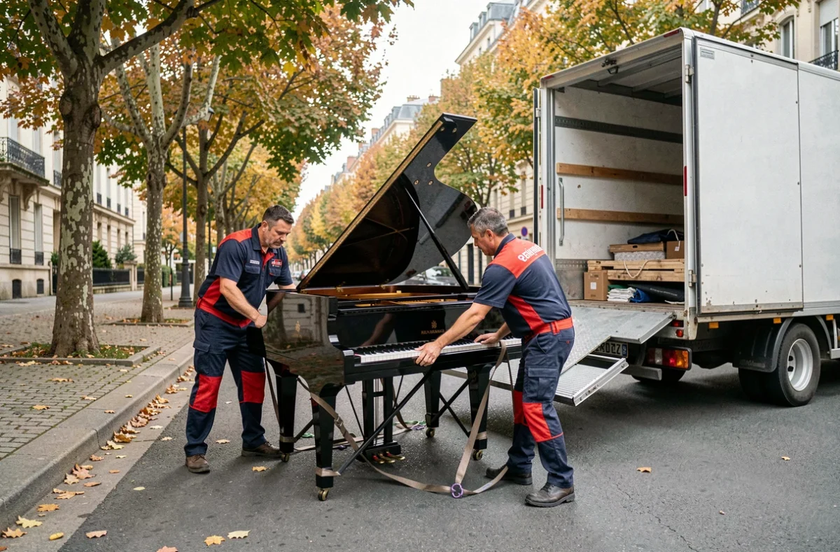 Équipe de Rhône Alpes Déménagements chargeant un piano à queue avec des sangles spécialisées